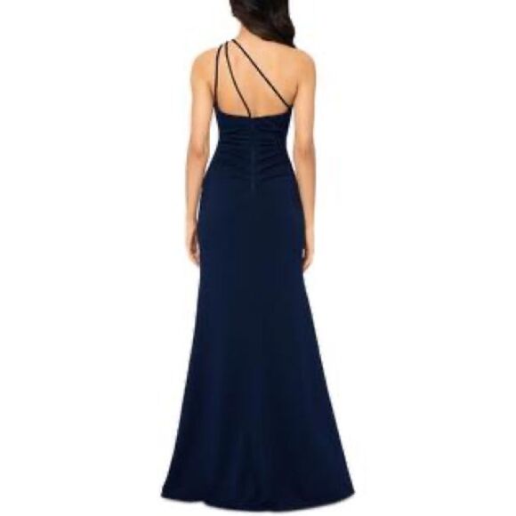 NWT Betsy & Adam | Petites Navy Blue One Shoulder Illusion Evening Dress 4P - Picture 2 of 11